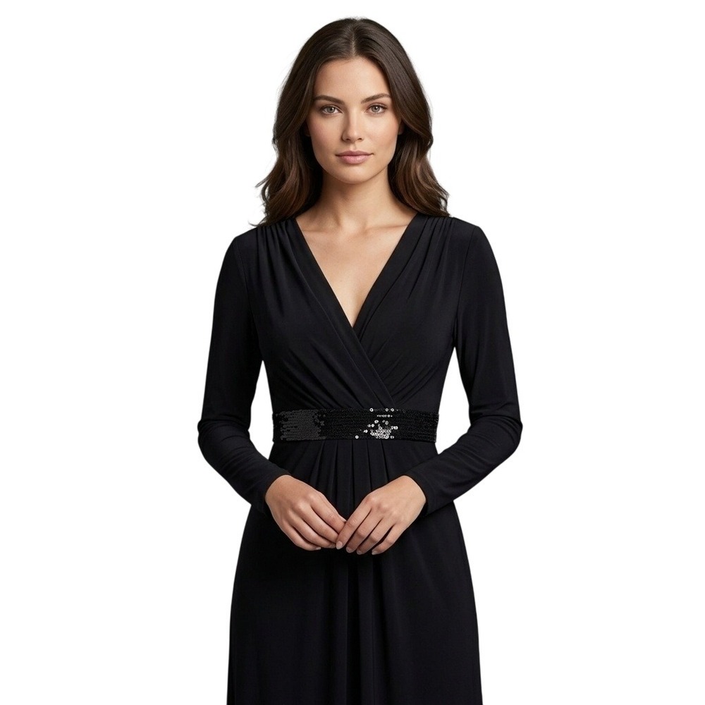 Evan-Picone Black Sequin Empire Waist V-Neck Long Sleeve Sheath Dress Size 4โ